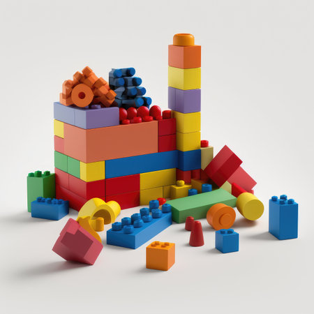 Colorful plastic building blocks on white background. 3D rendering.の素材