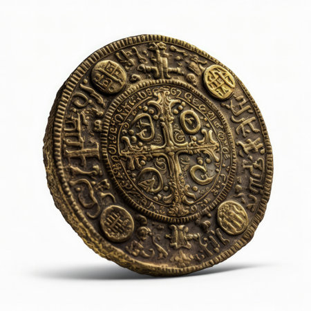 Ancient coin isolated on white background. 3D illustration. Vintage style.の素材