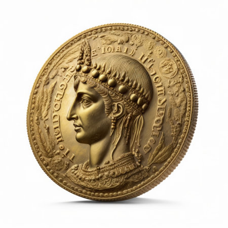 Ancient gold coin isolated on a white background. 3d illustration.の素材