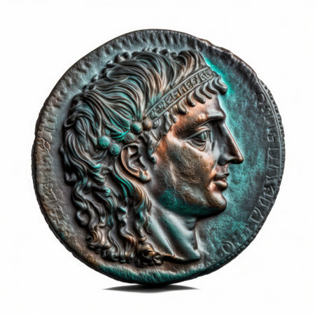 Bronze coin with a portrait of the Roman Emperor Constantine, isolated on white backgroundの素材