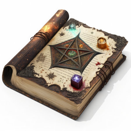 Old magic book with magic crystal on white background. 3d renderの素材