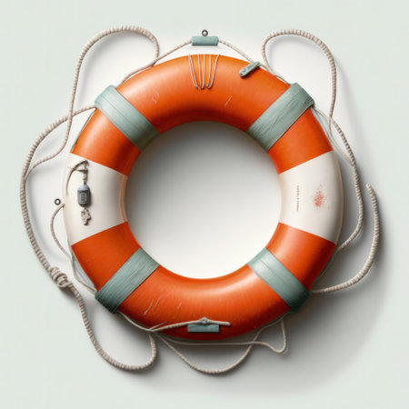 Lifebuoy with rope on white background. 3d illustration.の素材