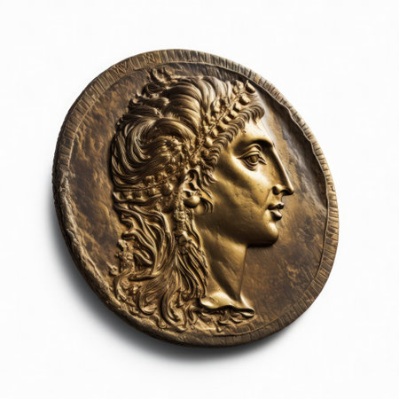 Bronze antique coin with the image of a woman on a white backgroundの素材