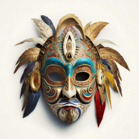 mask of the indian chief with feathers on a white background.の素材