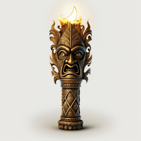 Wooden carved mask with a burning candle on a white background. 3d illustrationの素材