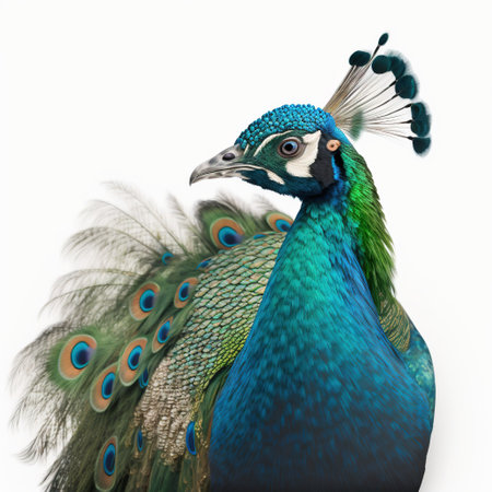 Beautiful peacock isolated on white background. 3D illustration.の素材