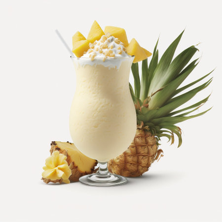 Pina colada cocktail with pineapple and whipped cream on white backgroundの素材