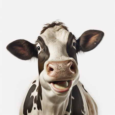 Close-up portrait of a cow isolated on a white background.の素材