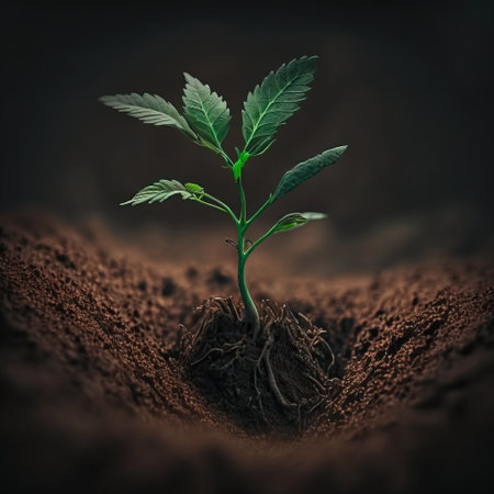 Cannabis seedling growing in soil. Concept of growing hempの素材