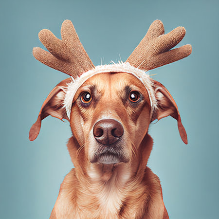 Portrait of a dog with antlers on his head. Isolated on blue background.の素材