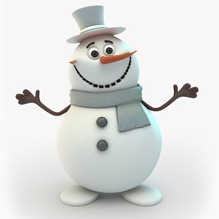 3d rendered snowman with hat and scarf on a white backgroundの素材