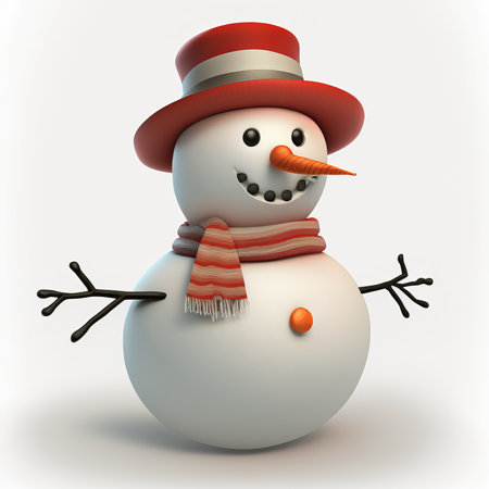 Snowman with hat and scarf, 3d render, white backgroundの素材