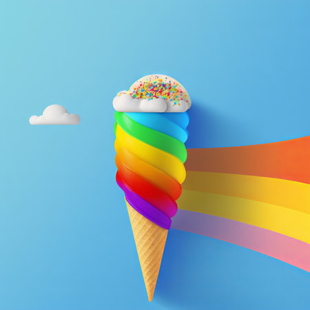 Ice cream cone with rainbow background. Realistic 3d vector illustration.の素材