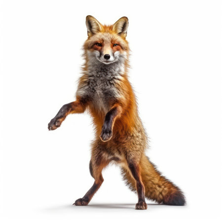 Red fox, Vulpes vulpes, standing on hind legs. Isolated on white background.の素材