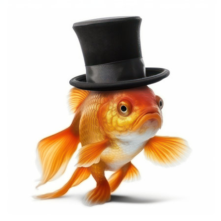 Goldfish in top hat, isolated on white background. 3d illustrationの素材