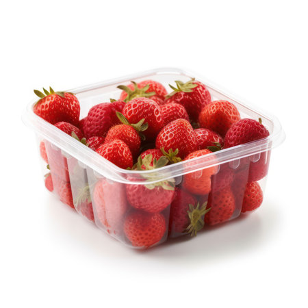 Strawberries in plastic container isolated on white background. Close up.の素材