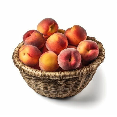 Ripe apricots in a wicker basket isolated on white backgroundの素材