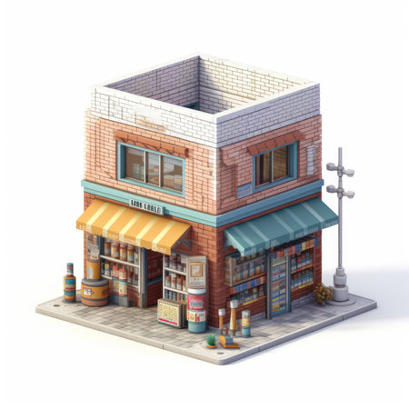 3D illustration of a brick building with shops and stores on a white backgroundの素材