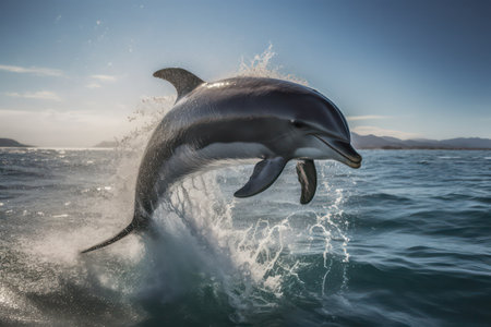 Dolphins jumping out of the water in the ocean. Toned.の素材