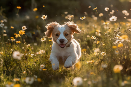 Cute puppy running in the field of daisies on sunset.の素材