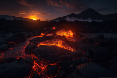 Volcanic eruption in Hawaii Volcanoes National Park at sunsetの素材