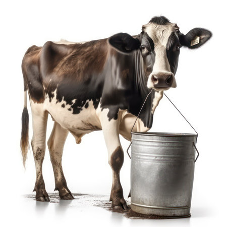 cow with a bucket of milk on a white background. Isolatedの素材