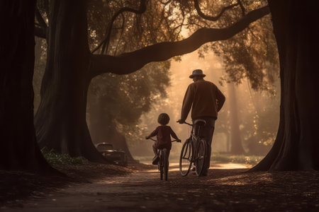 Father and son riding bicycles in the park at sunset. Concept of friendly family.の素材