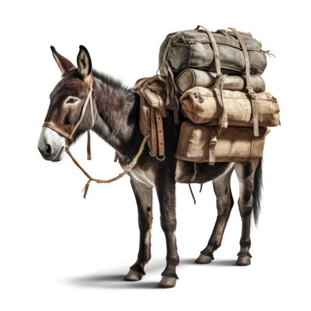 Donkey with a backpack on his back isolated on a white backgroundの素材