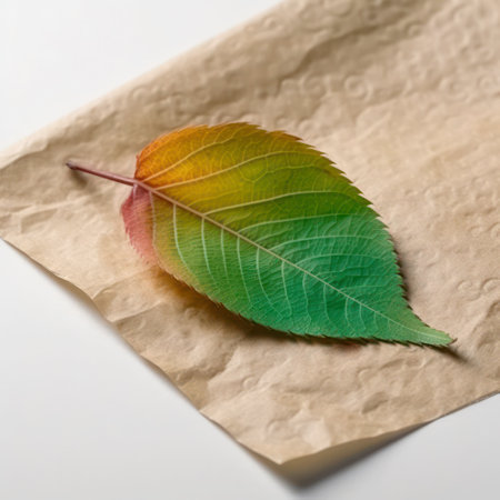 Colorful autumn leaf on paper background, close up. Autumn conceptの素材