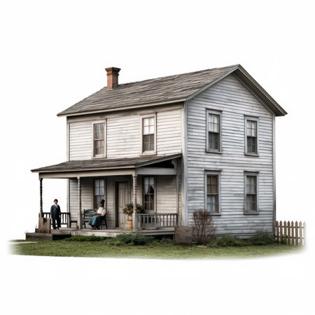 Couple sitting on a bench in front of a house isolated on white backgroundの素材