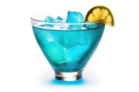 Blue curacao cocktail with lime and ice cubes isolated on white backgroundの素材