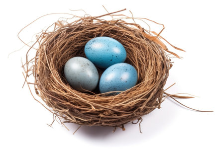 Nest with blue eggs isolated on white background. Studio shot.の素材