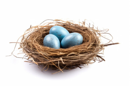 Nest with blue eggs isolated on white background. Easter decoration.の素材