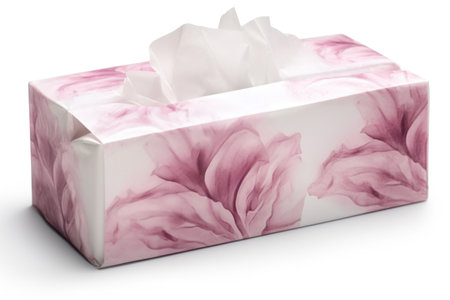 Gift box with pink rose petals on a white background.の素材