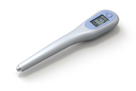 Digital thermometer isolated on white background. 3d render illustration.の素材