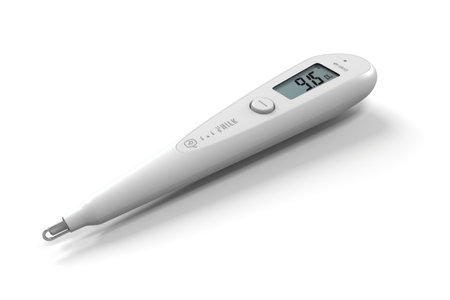 Digital thermometer isolated on white background. 3d render. Medical concept.の素材