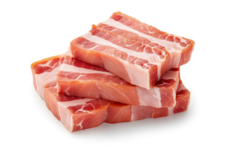 Slices of bacon isolated on white background. Top view.の素材
