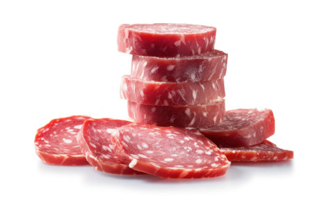 Slices of salami sausage isolated on a white background.の素材