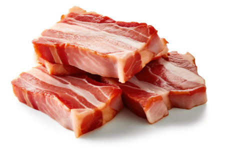 Slices of raw bacon on white background, close-upの素材