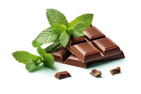 Chocolate bar with mint leaves isolated on white background. Top view.の素材
