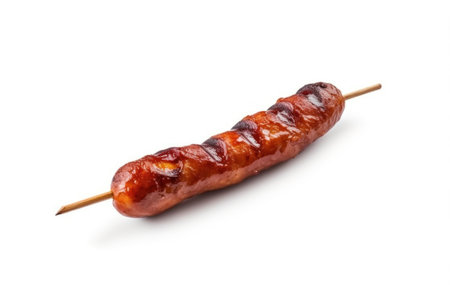 Grilled sausages on a skewer isolated on white backgroundの素材