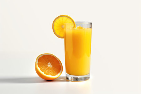 Glass of fresh orange juice with slice of orange on white background.の素材