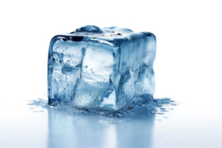 Ice cube with water drops isolated on white background. Studio shot.の素材