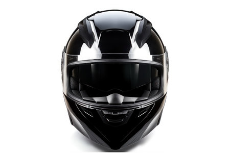 Black motorcycle helmet on a white background. 3d rendering. Front view.の素材