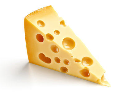 Piece of cheese with holes on a white background. Isolatedの素材