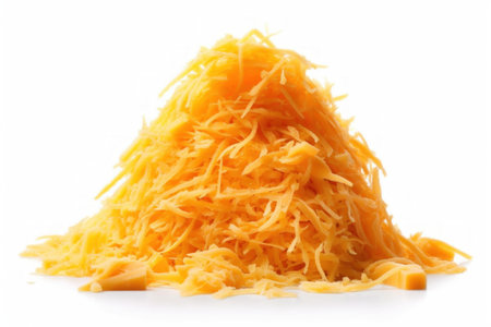 Grated cheese on white background. Shallow depth of field.の素材