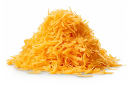 Grated cheese isolated on white background. Shallow dof.の素材