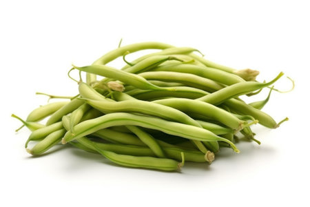 Green beans on a white background. Isolation, shallow DOF.の素材