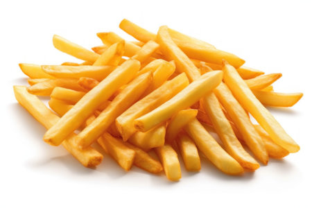 Golden French fries potatoes isolated on white background cutout. Fast food.の素材