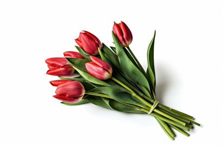 bouquet of red tulips isolated on white background, top viewの素材